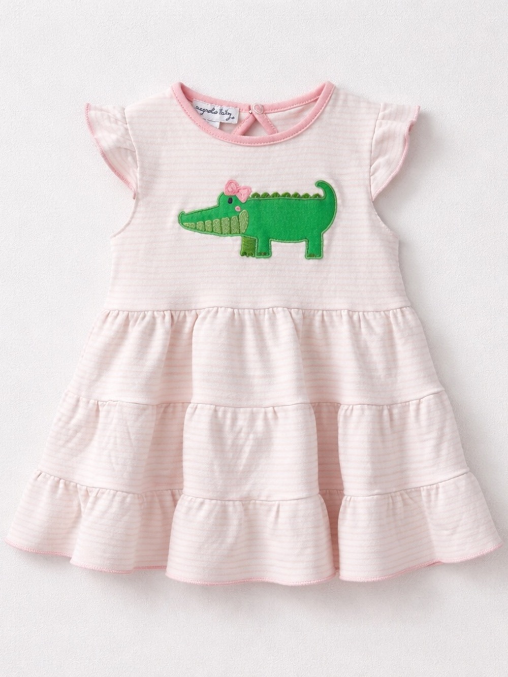 Magnolia Baby pink & white stripe  tiered dress with alligator appliqué 12 Mon
